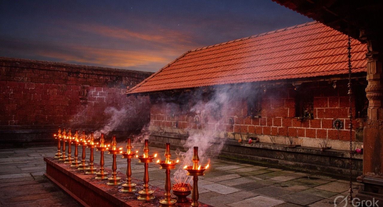 Oil lamps at dusk in a Kerala temple courtyard