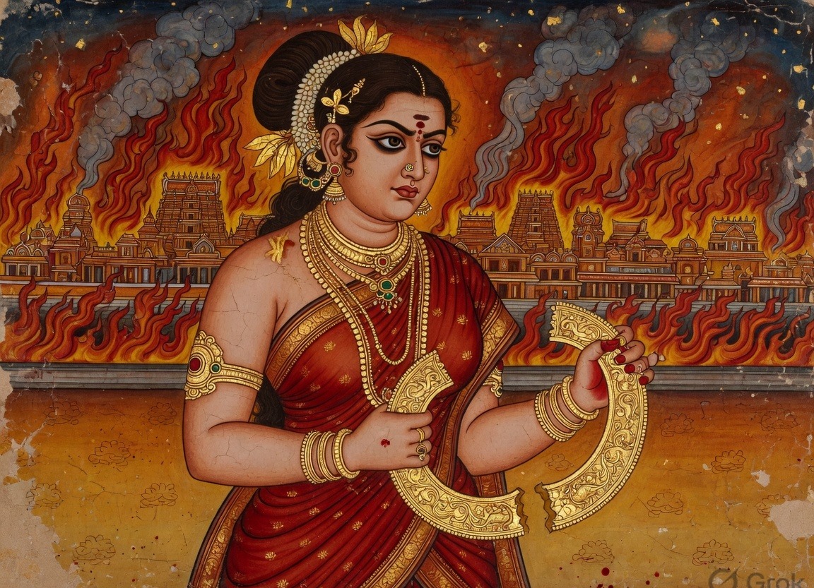 Mural-style painting of Kannagi holding a broken golden anklet