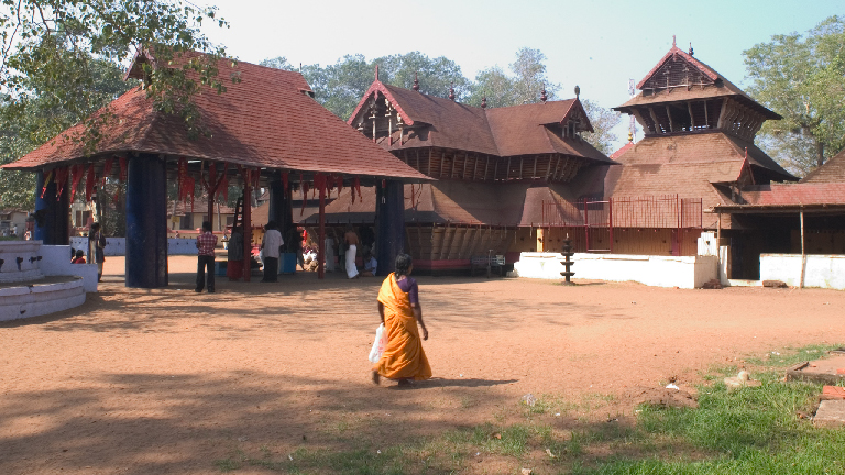 Courtyard and gopuram-like Kerala roofs of the Kodungallur temple
